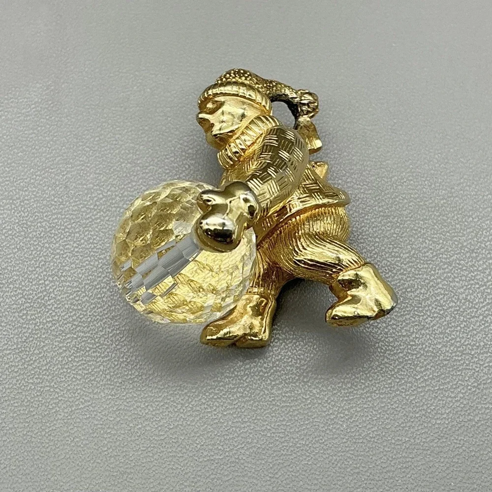 Swarovski Crystal Gold Tone Boy With Snowball Figurine Small Christmas Decor